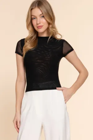 Short Cap Slv High Neck 2 Ply Mesh Top