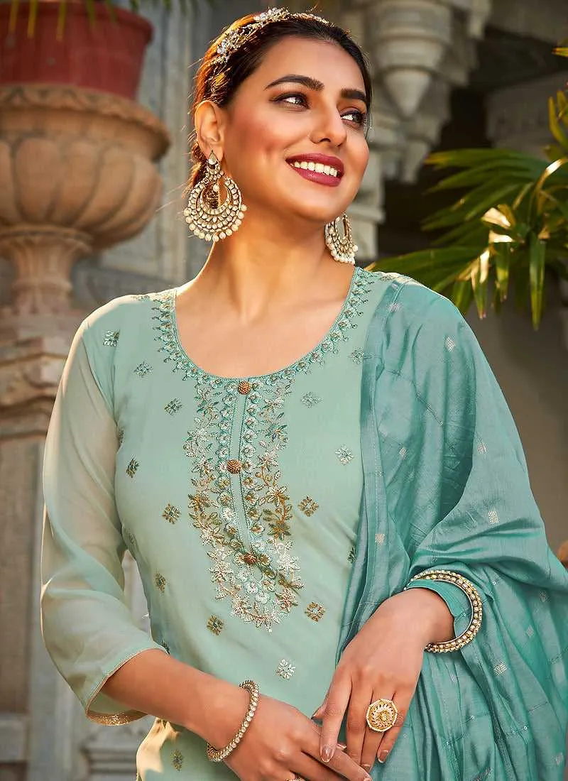 Sky Blue Stylish Embroidered Palazzo Style Suit