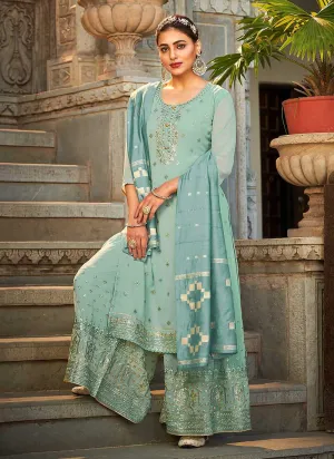 Sky Blue Stylish Embroidered Palazzo Style Suit