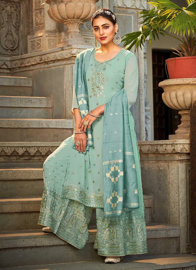 Sky Blue Stylish Embroidered Palazzo Style Suit