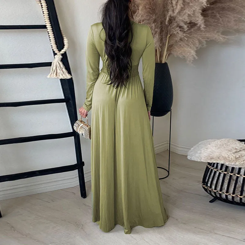 Solid Deep V-Neck Long Sleeve High Slit Maxi Dress