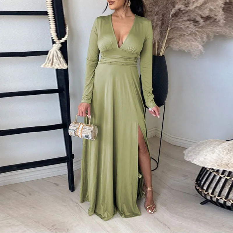 Solid Deep V-Neck Long Sleeve High Slit Maxi Dress