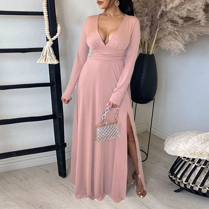 Solid Deep V-Neck Long Sleeve High Slit Maxi Dress
