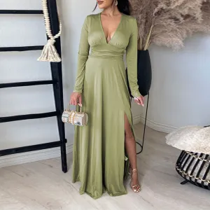 Solid Deep V-Neck Long Sleeve High Slit Maxi Dress