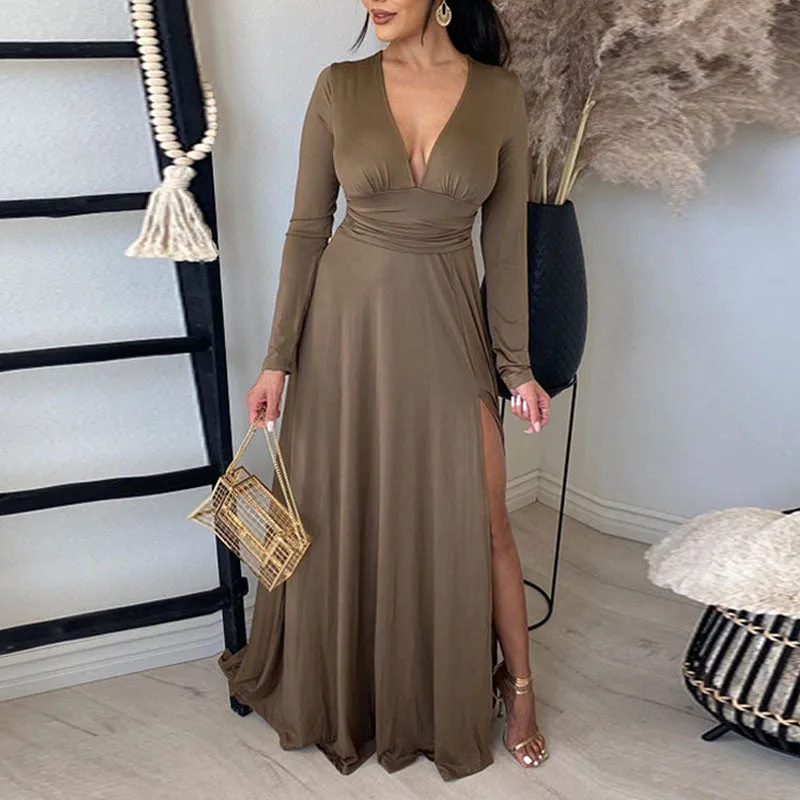 Solid Deep V-Neck Long Sleeve High Slit Maxi Dress