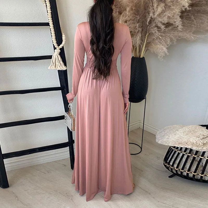 Solid Deep V-Neck Long Sleeve High Slit Maxi Dress