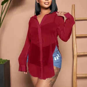 Solid Long Sleeve High Slit Chiffon Blouse