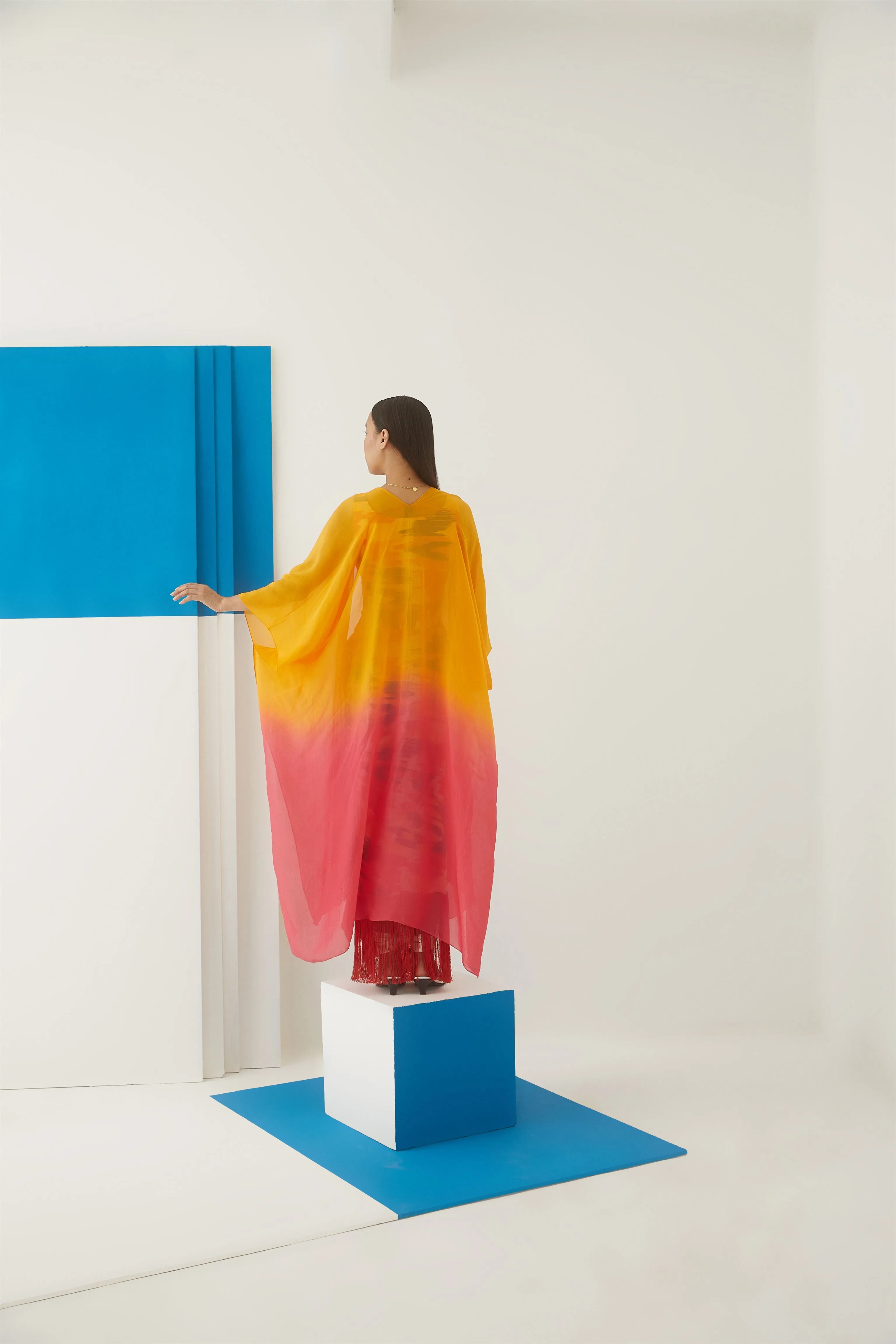 Studio Rigu Pargolovoibsicus Organza Cape  (Yellow/ Red Ombre) Tie Dye Vegan Silk Arcadia Collection