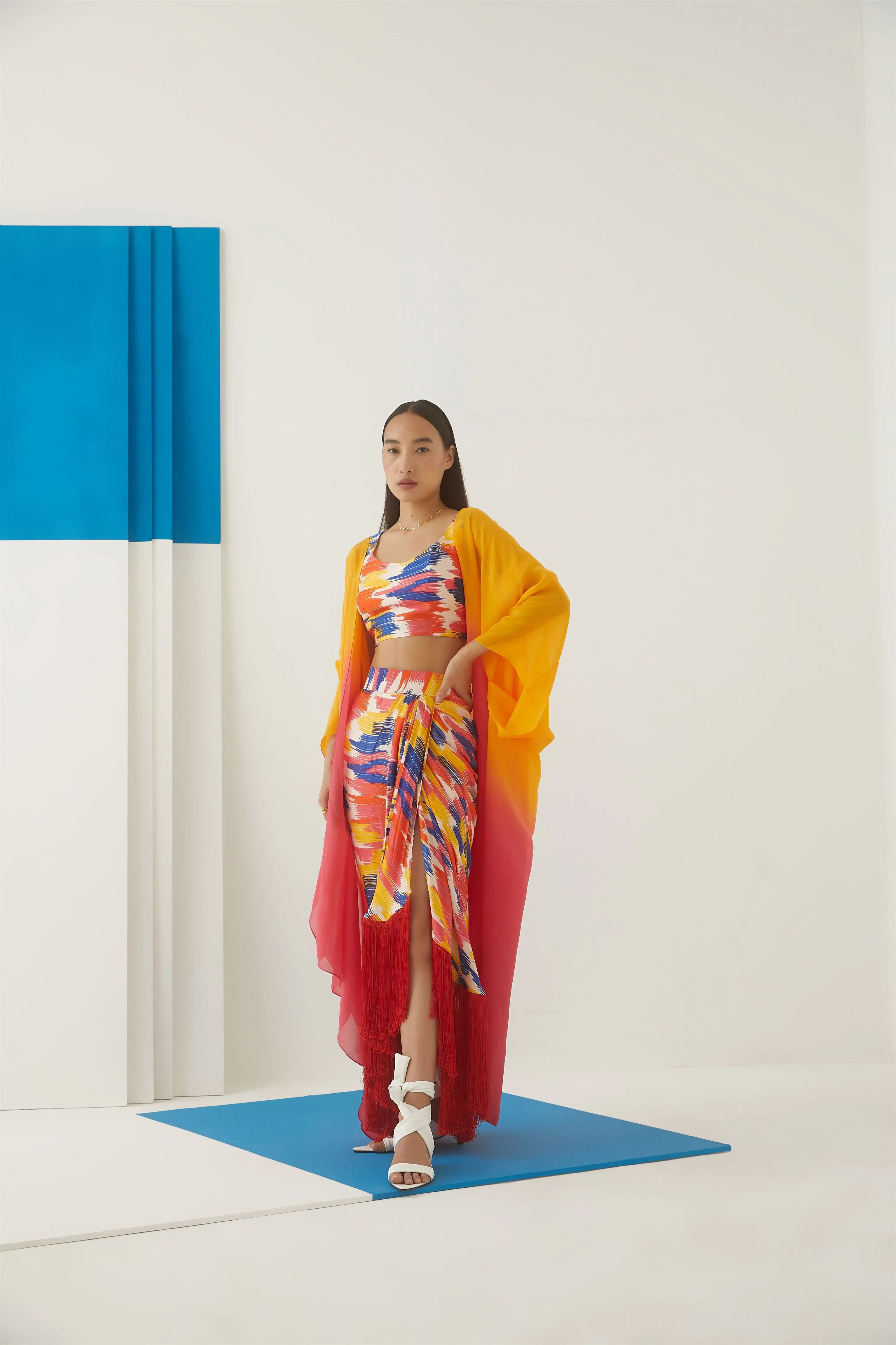 Studio Rigu Pargolovoibsicus Organza Cape  (Yellow/ Red Ombre) Tie Dye Vegan Silk Arcadia Collection