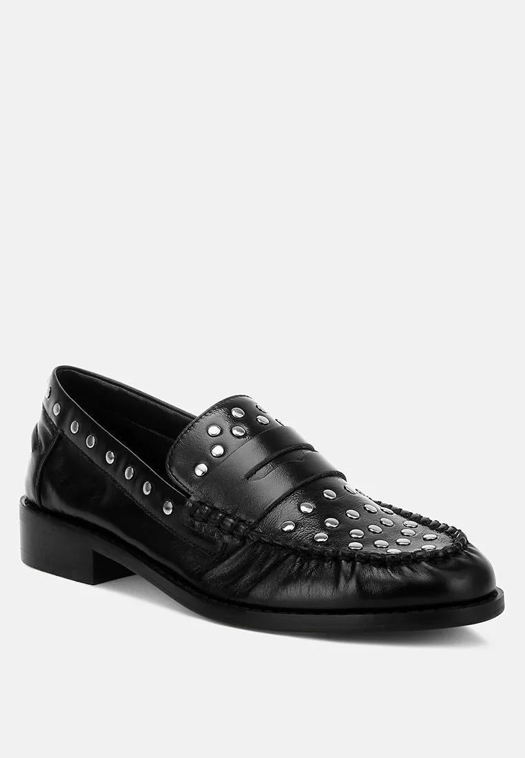 Studs Embellished Leather Loafers By RAG