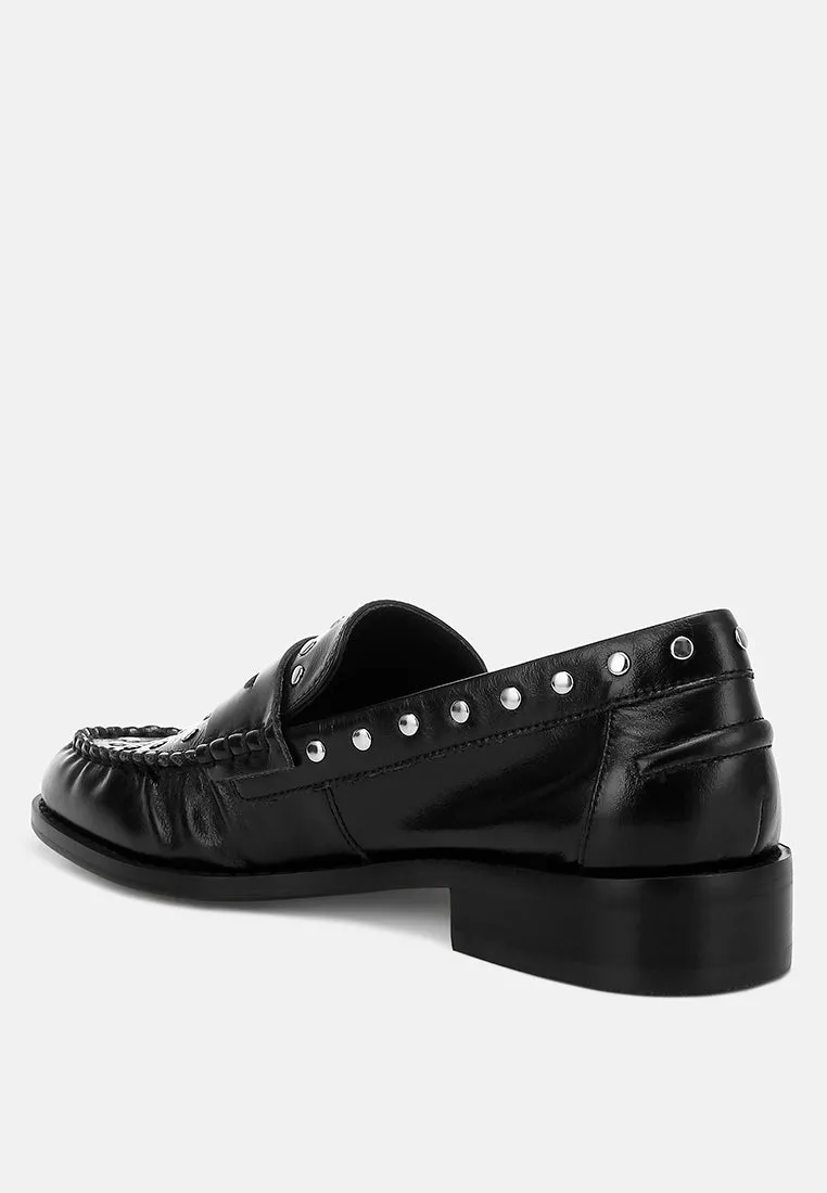 Studs Embellished Leather Loafers By RAG