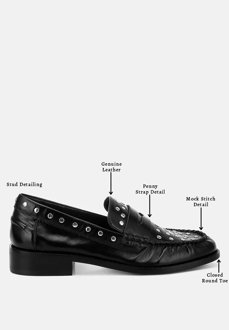 Studs Embellished Leather Loafers By RAG