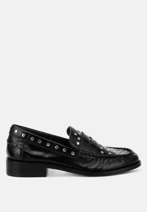 Studs Embellished Leather Loafers By RAG