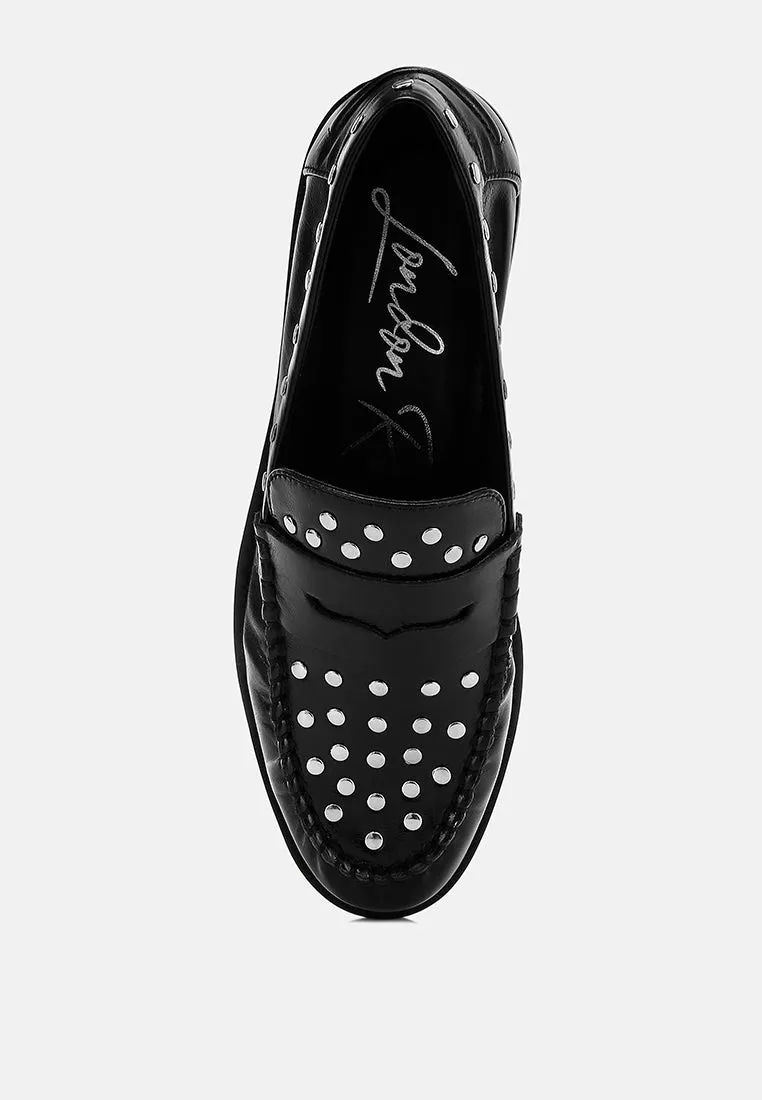 Studs Embellished Leather Loafers By RAG