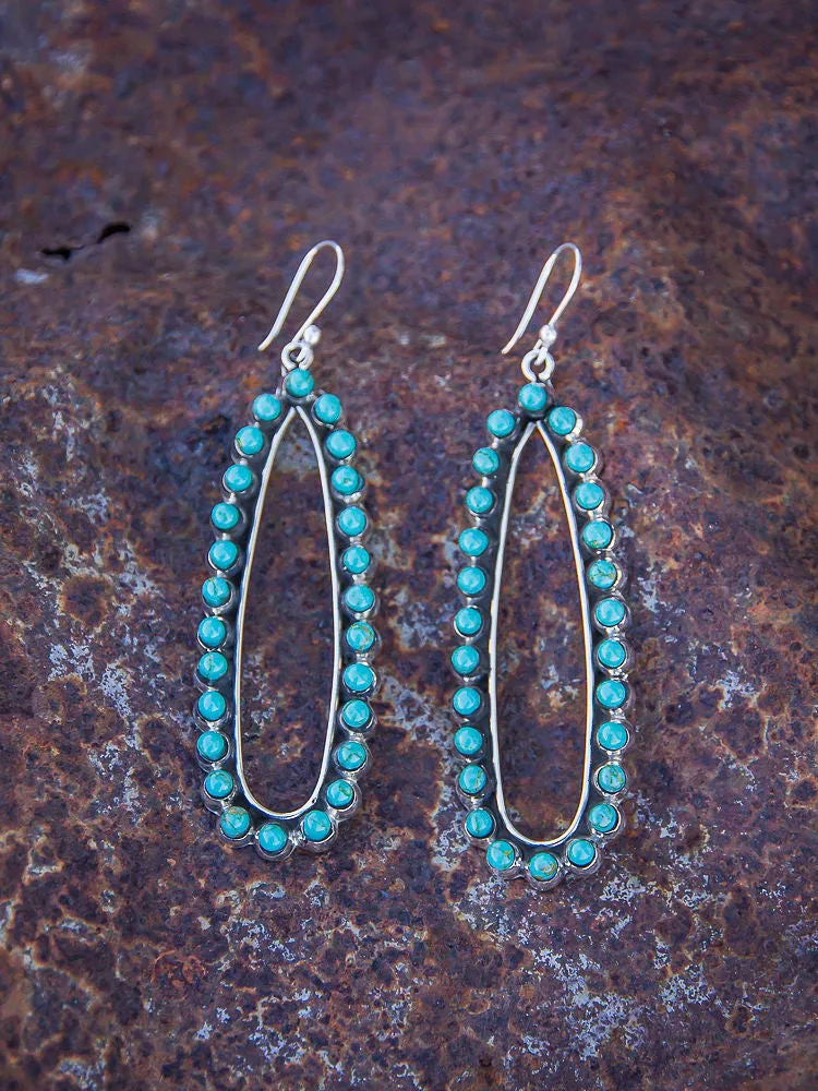 Stylish Long Oval Sterling   Turquoise Drop Earrings