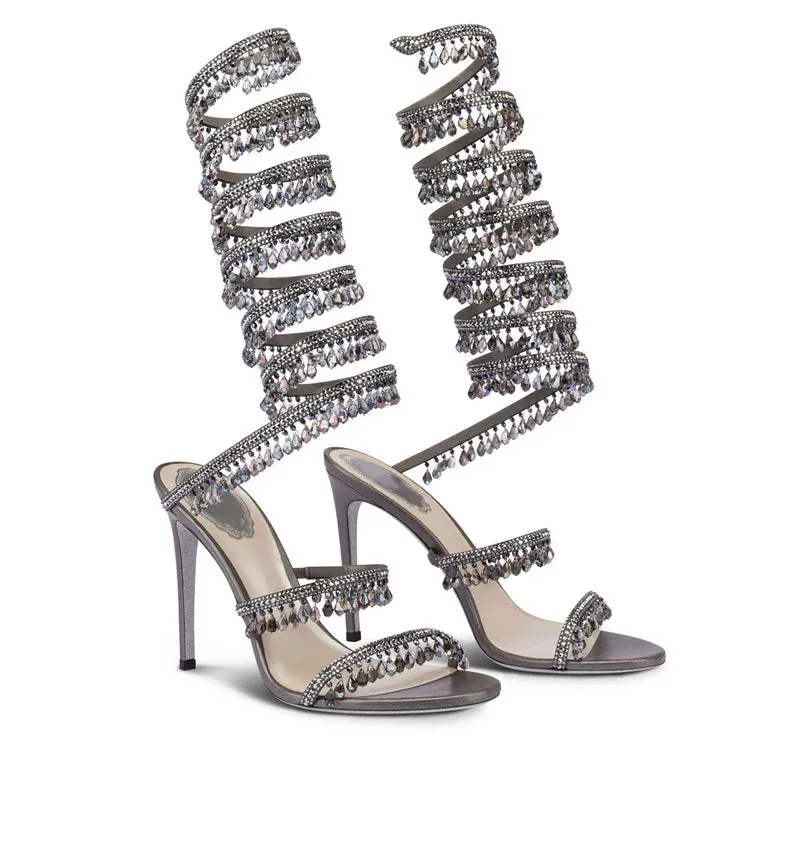 Summer Drop Rhinestone Padant Snake -Liked Straps Knee Sandals