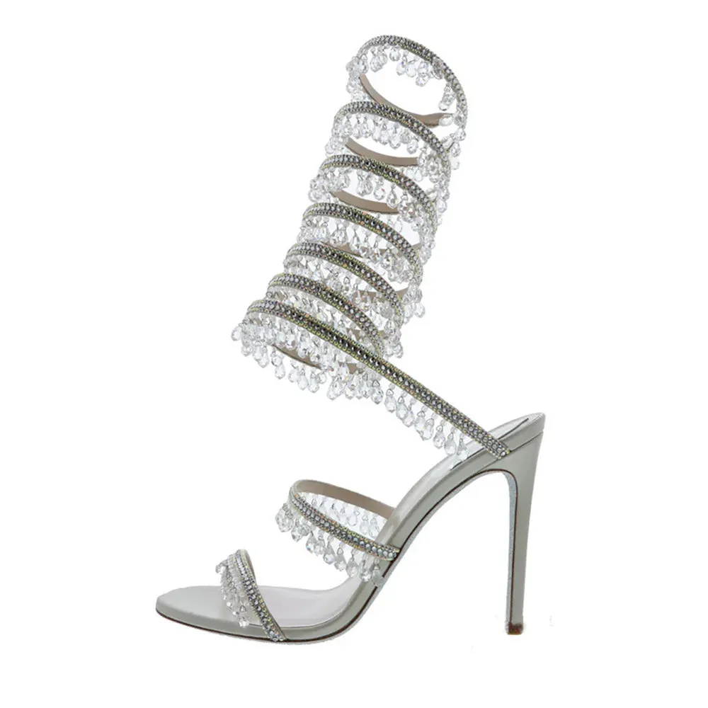 Summer Drop Rhinestone Padant Snake -Liked Straps Knee Sandals