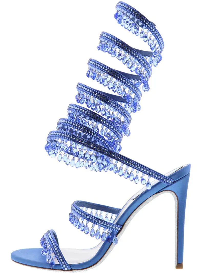 Summer Drop Rhinestone Padant Snake -Liked Straps Knee Sandals