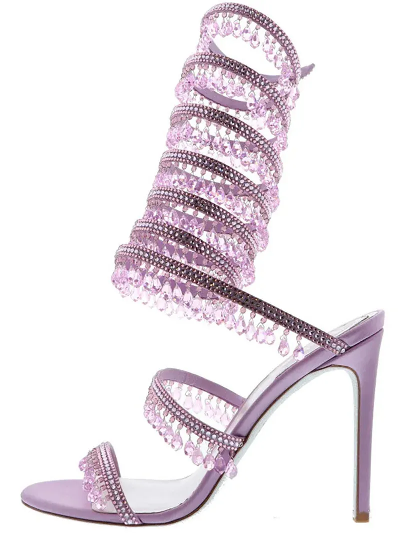 Summer Drop Rhinestone Padant Snake -Liked Straps Knee Sandals