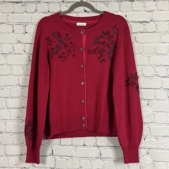 Sundance Womens Red Beaded Embellished Betty Cardigan Size S Wool Cozy Soft