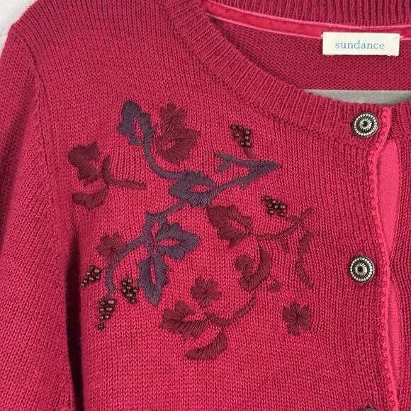 Sundance Womens Red Beaded Embellished Betty Cardigan Size S Wool Cozy Soft