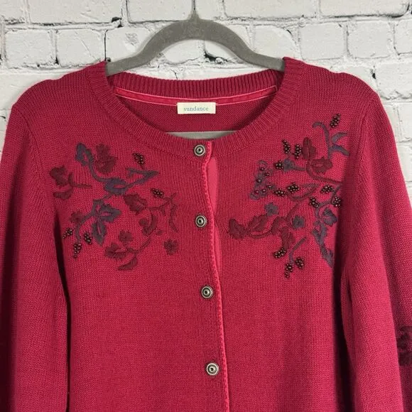 Sundance Womens Red Beaded Embellished Betty Cardigan Size S Wool Cozy Soft