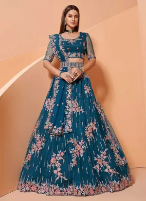 Teal Blue Heavy Floral Embroidered Stylish Lehenga Choli