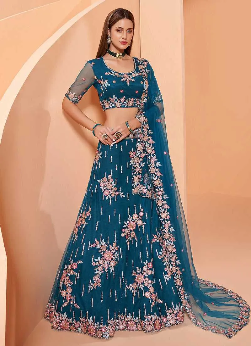 Teal Blue Heavy Floral Embroidered Stylish Lehenga Choli