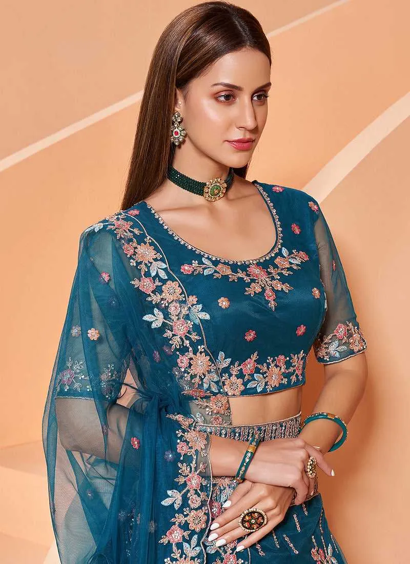 Teal Blue Heavy Floral Embroidered Stylish Lehenga Choli