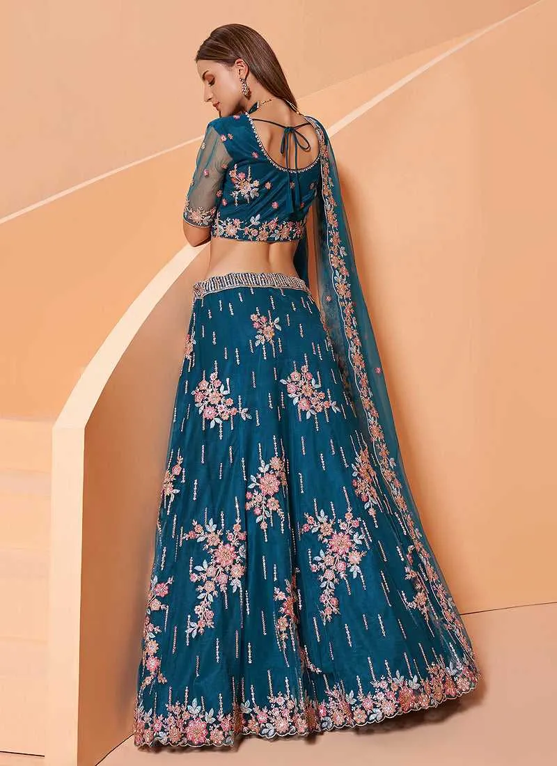 Teal Blue Heavy Floral Embroidered Stylish Lehenga Choli