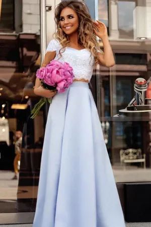 Two Piece Square Floor-Length Blue Satin Cap Sleeves Prom Dress with Appliques D017