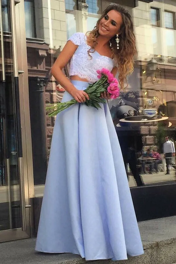 Two Piece Square Floor-Length Blue Satin Cap Sleeves Prom Dress with Appliques D017