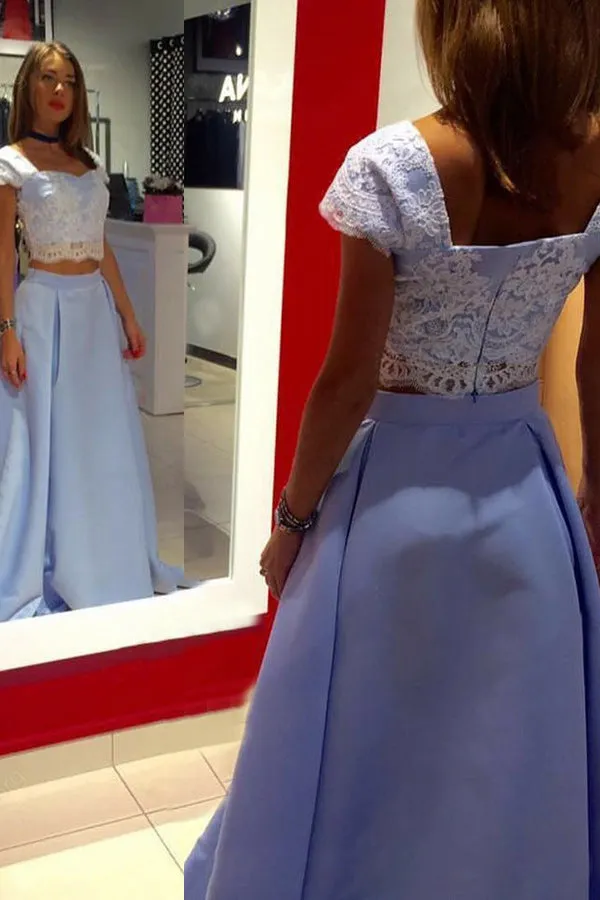Two Piece Square Floor-Length Blue Satin Cap Sleeves Prom Dress with Appliques D017