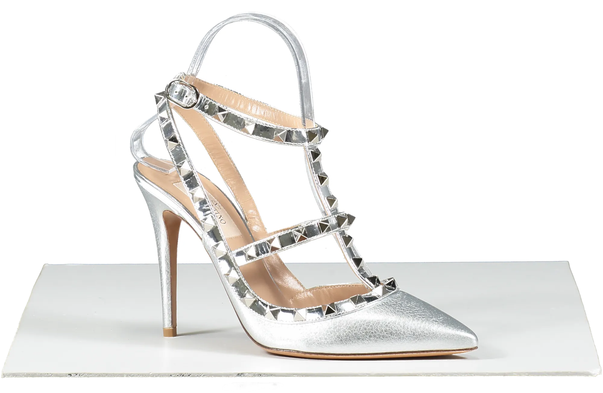 Valentino Garavani Silver Rockstud Metallic Ankle Strap Pump 100 Mm UK 4 EU 37 👠