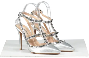 Valentino Garavani Silver Rockstud Metallic Ankle Strap Pump 100 Mm UK 4 EU 37 👠
