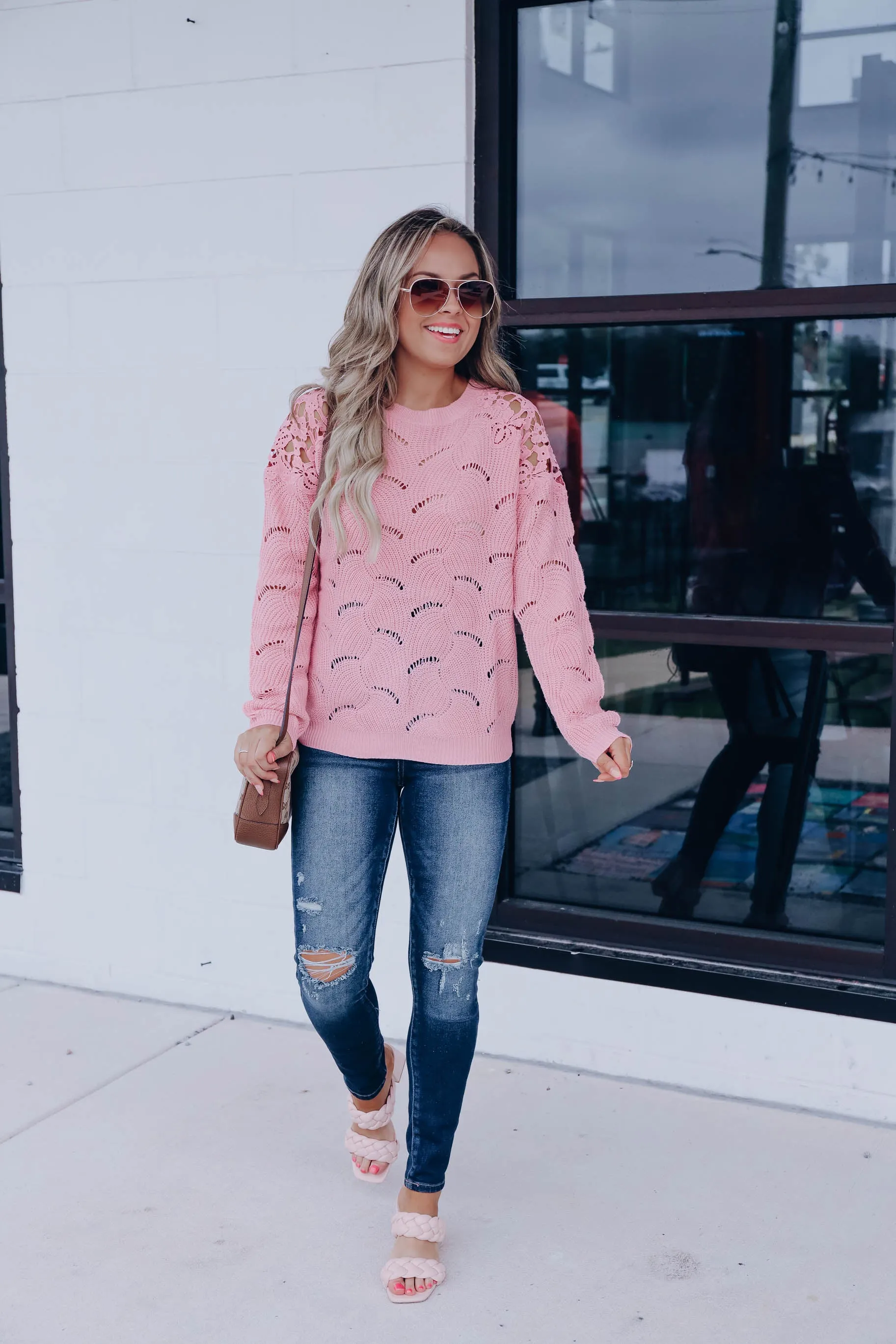 Venetian Lace Sleeve Sweater - Mauve