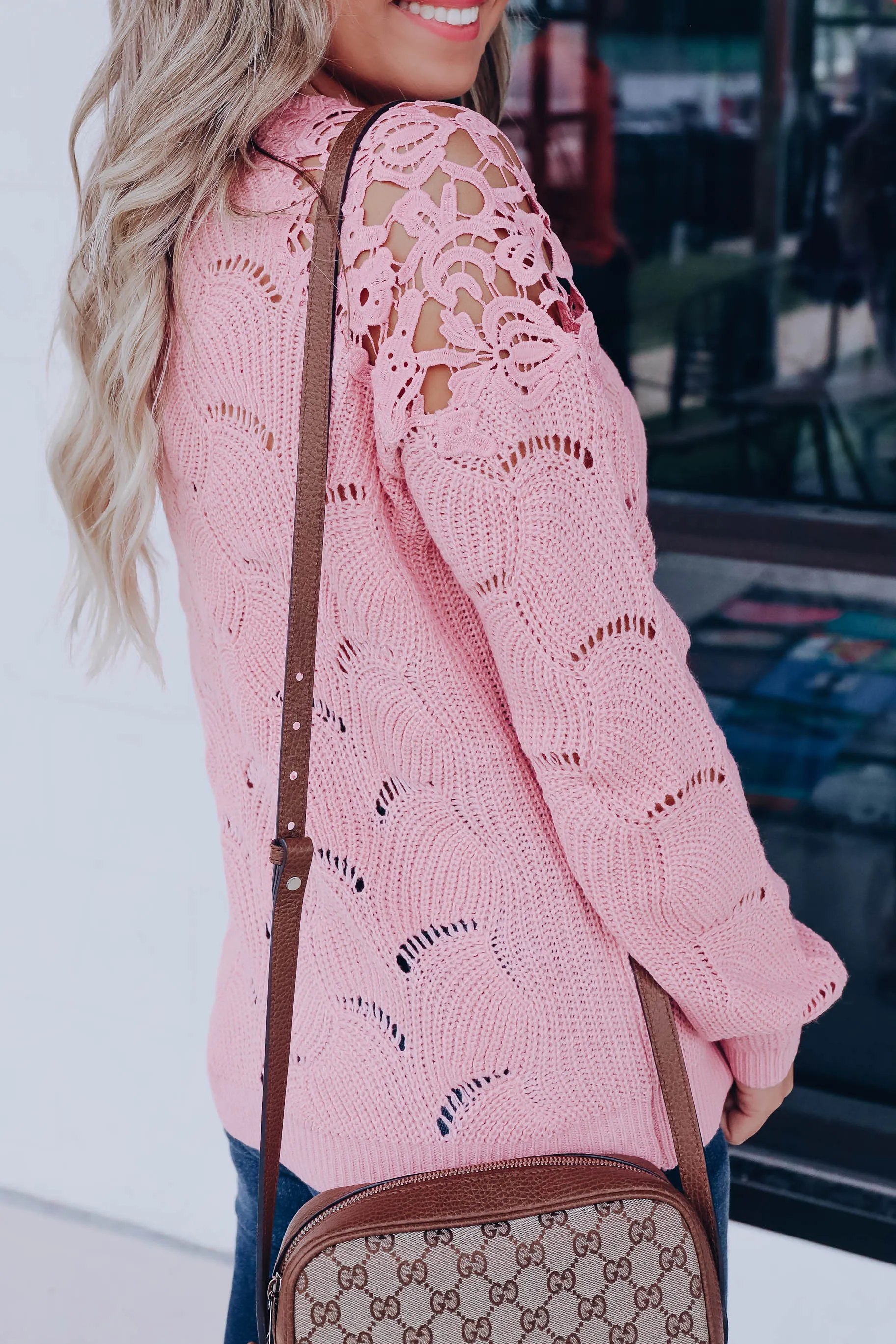 Venetian Lace Sleeve Sweater - Mauve