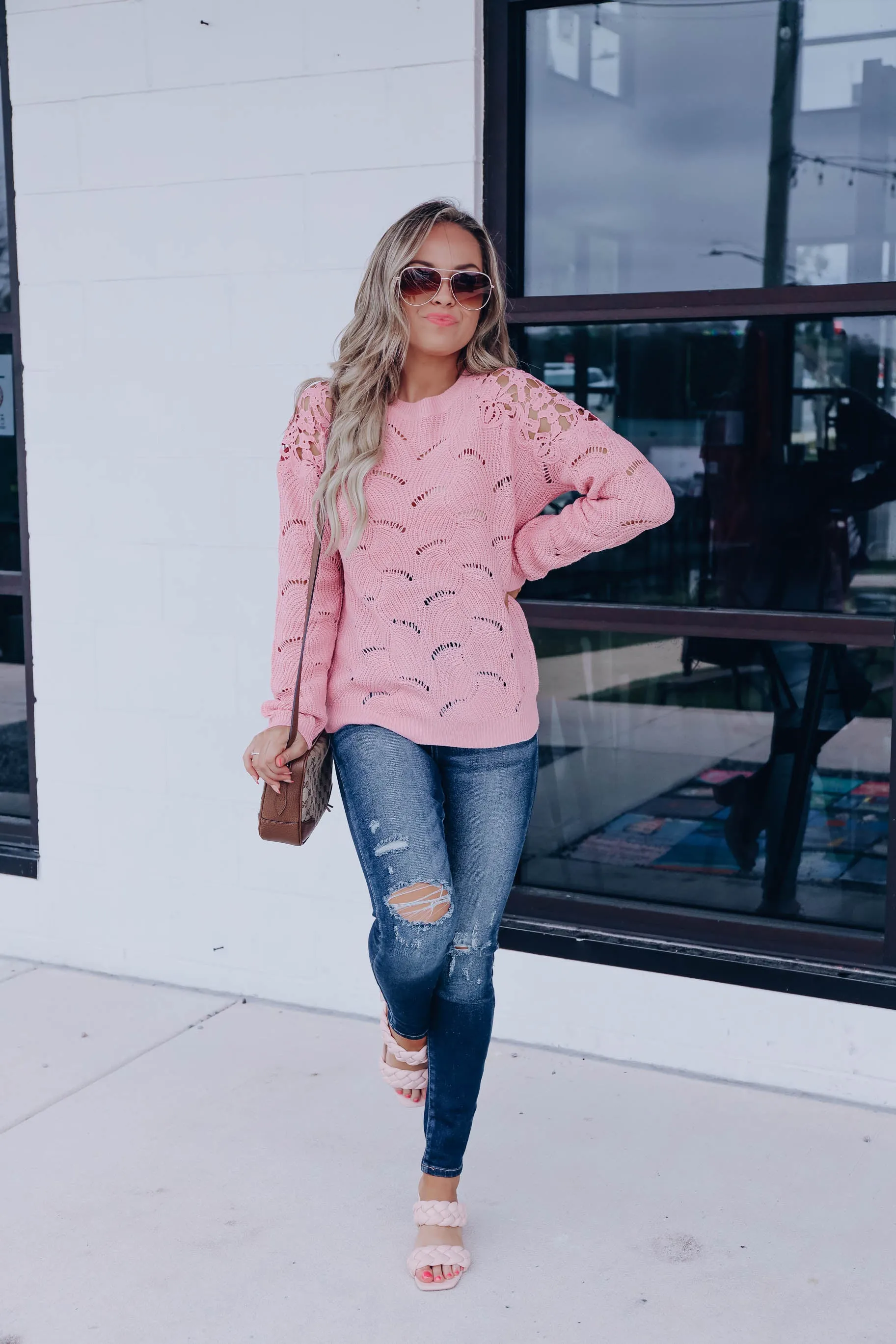 Venetian Lace Sleeve Sweater - Mauve