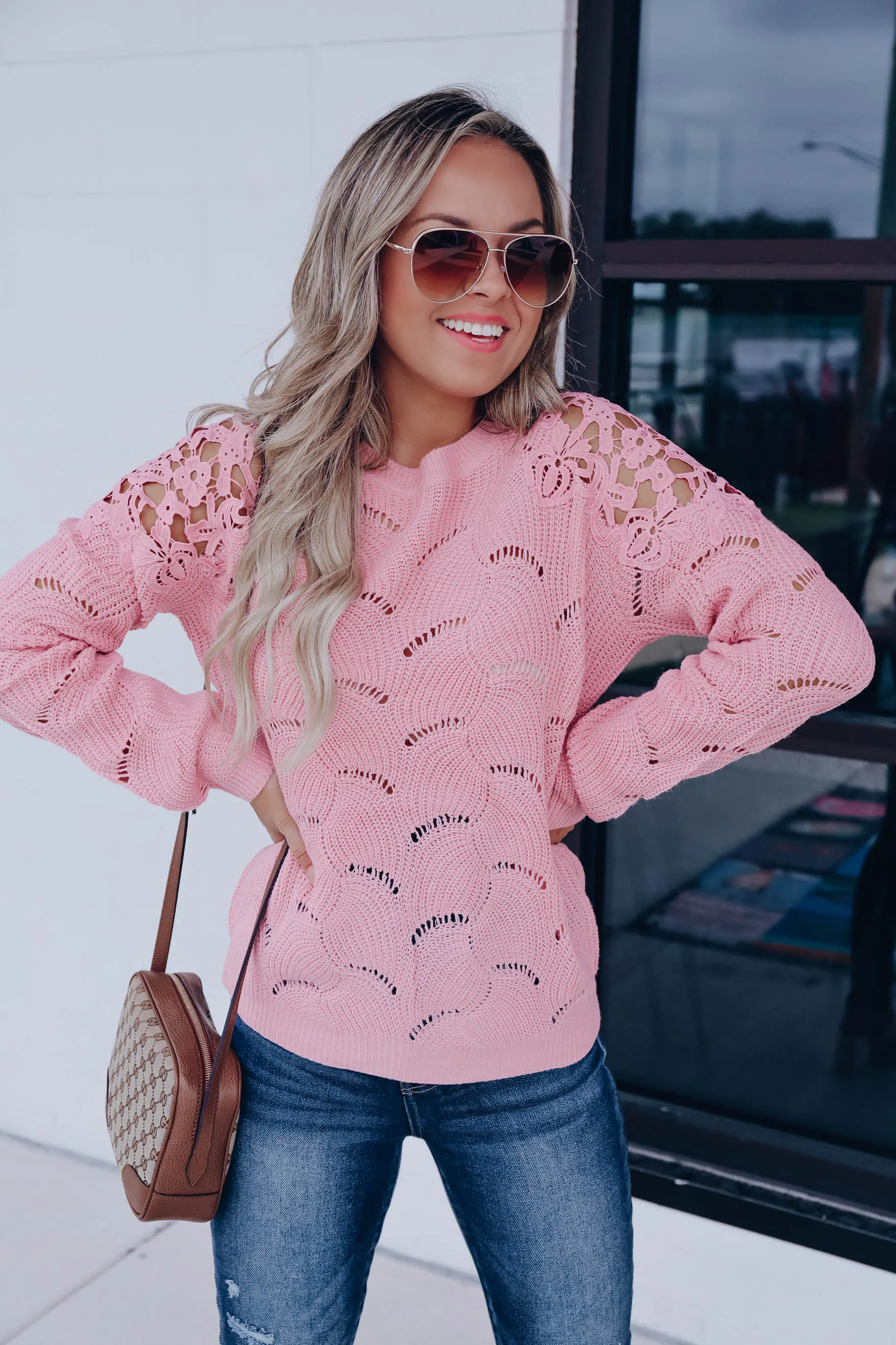 Venetian Lace Sleeve Sweater - Mauve