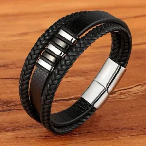 Vintage Two-Tone SS PU Leather Bracelet