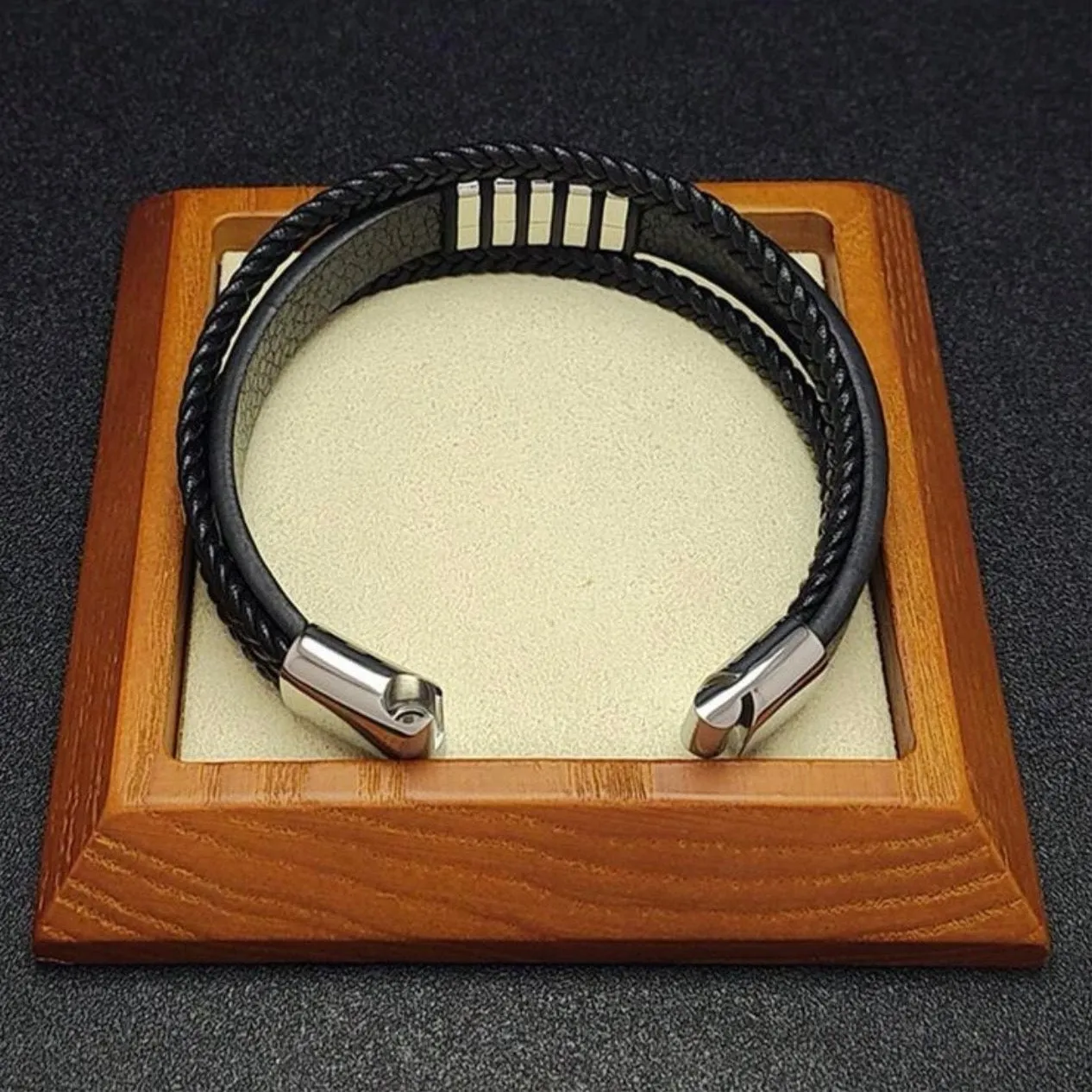 Vintage Two-Tone SS PU Leather Bracelet