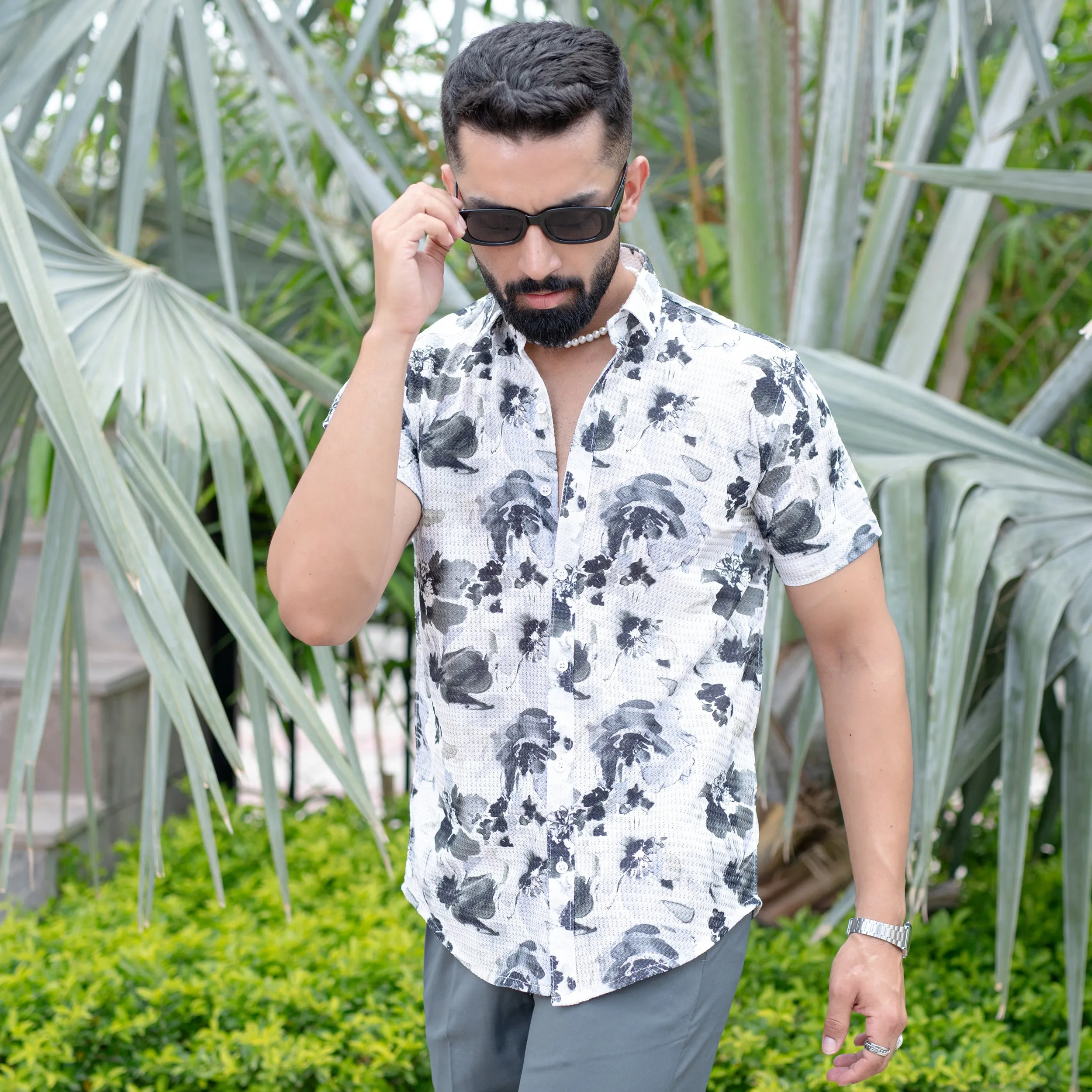 White Black Floral Print Turkish Weave Half Sleeve Shirt
