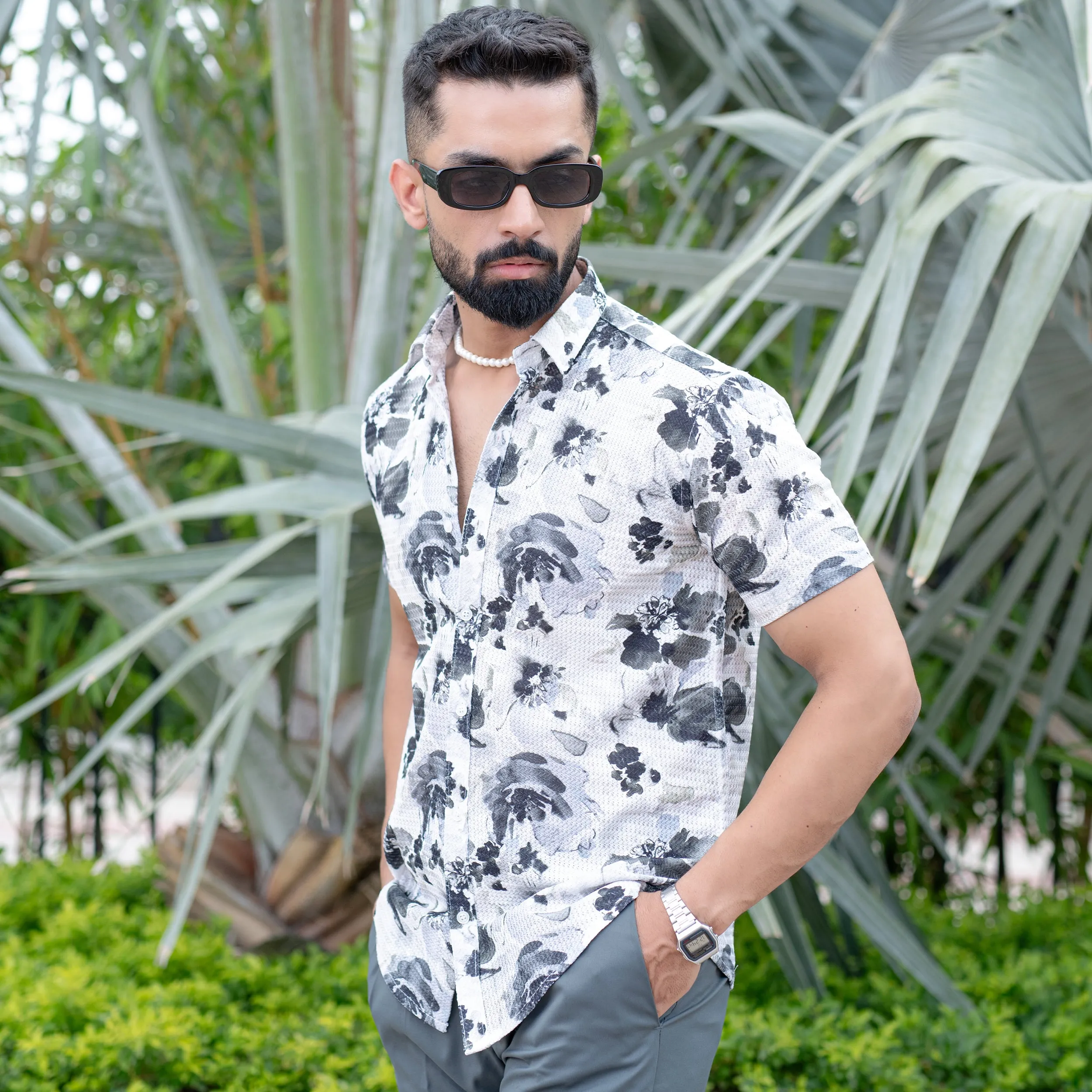 White Black Floral Print Turkish Weave Half Sleeve Shirt