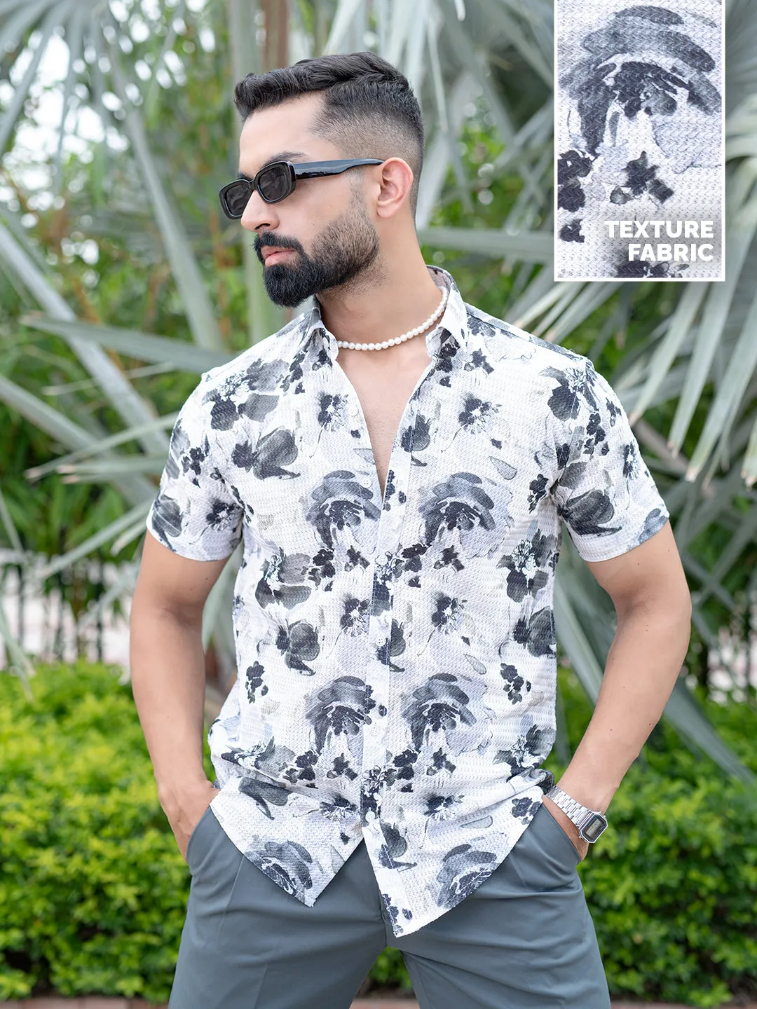 White Black Floral Print Turkish Weave Half Sleeve Shirt
