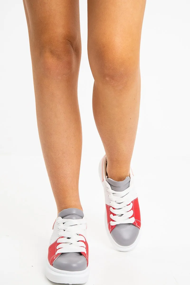 White Grey Colour Block Chunky Sole Lace Up Trainers - Kalley
