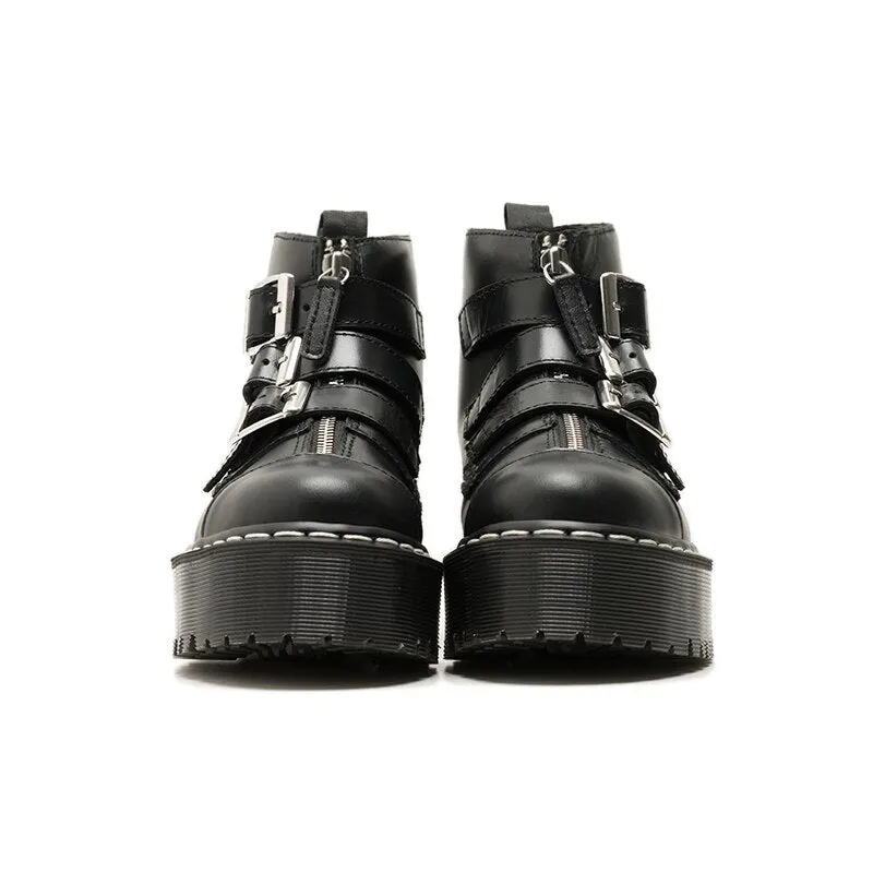 Women Luxury Solid Black Punk Round Toe Med Heels Zip Ankle Boots