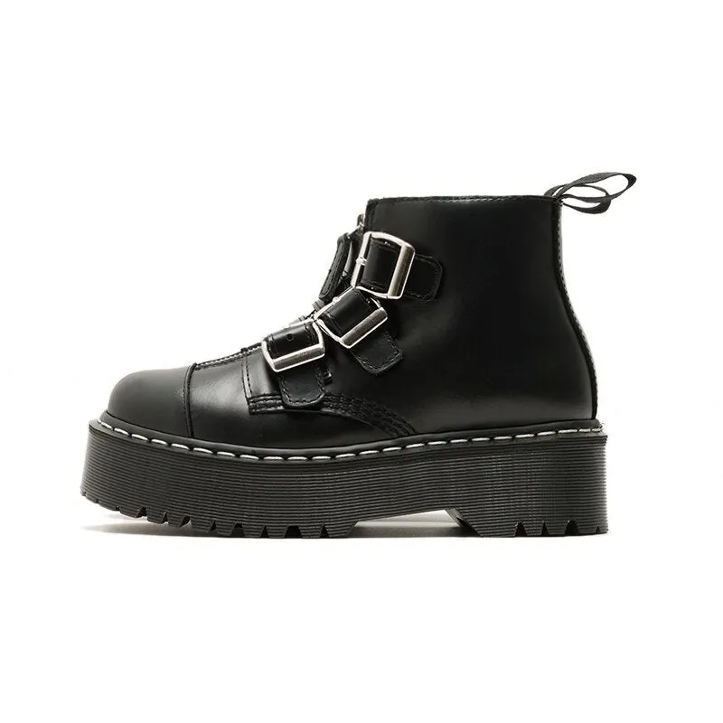 Women Luxury Solid Black Punk Round Toe Med Heels Zip Ankle Boots