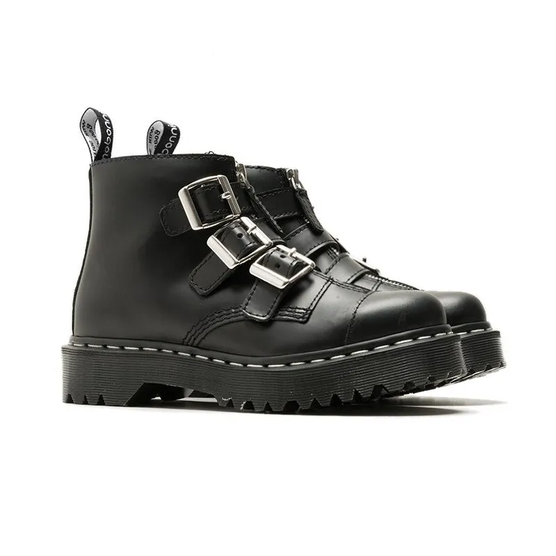Women Luxury Solid Black Punk Round Toe Med Heels Zip Ankle Boots