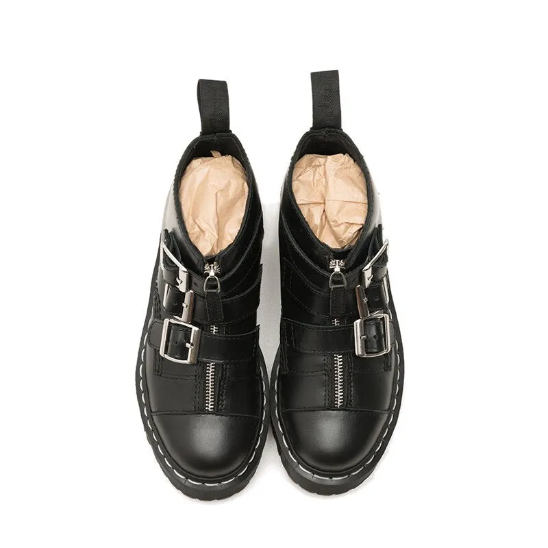 Women Luxury Solid Black Punk Round Toe Med Heels Zip Ankle Boots