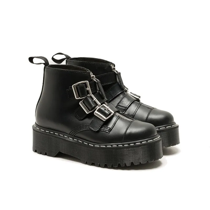 Women Luxury Solid Black Punk Round Toe Med Heels Zip Ankle Boots